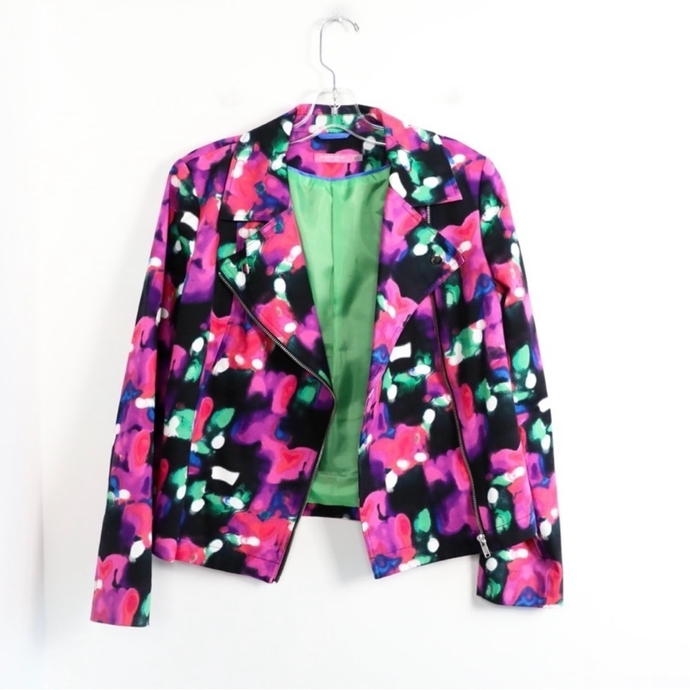 NWOT Isaac Mizrahi NY moto blazer jacket abstract print paint splash pink biker
